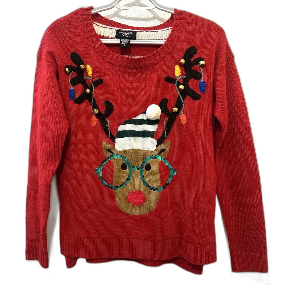 It's our Time Ugly Red Christmas Sweater Small Rudolph Bells Pom Pom Sequins